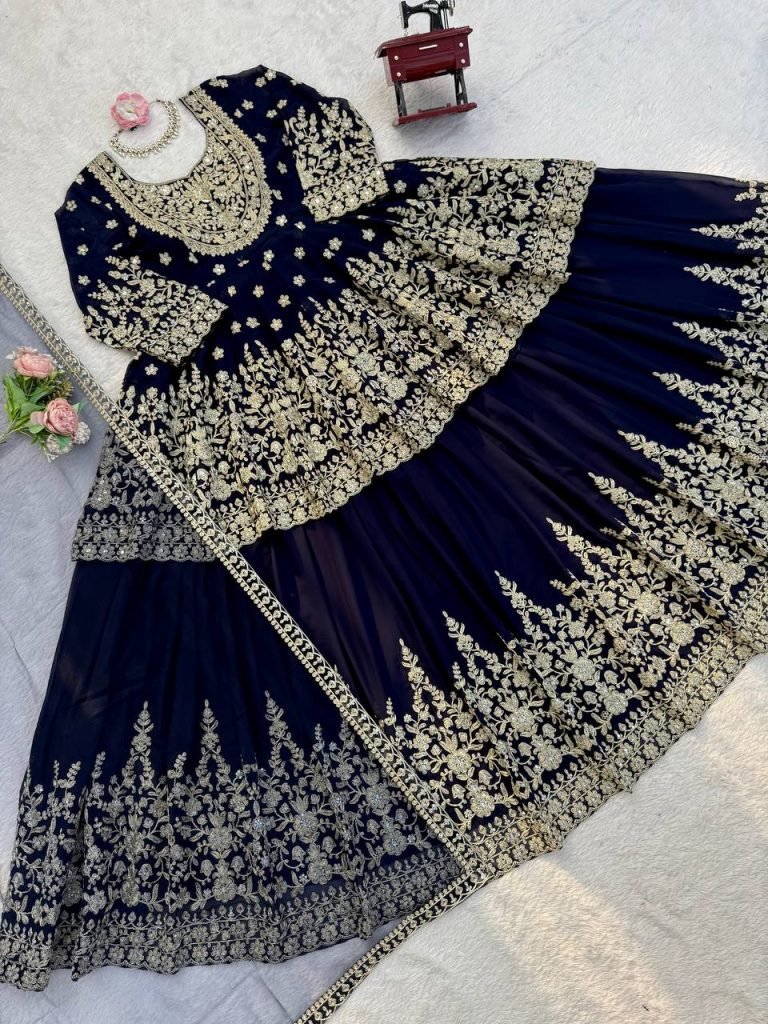 Black Faux Georgette Sequence Work Top with Lehenga and Butterfly Net Dupatta Set