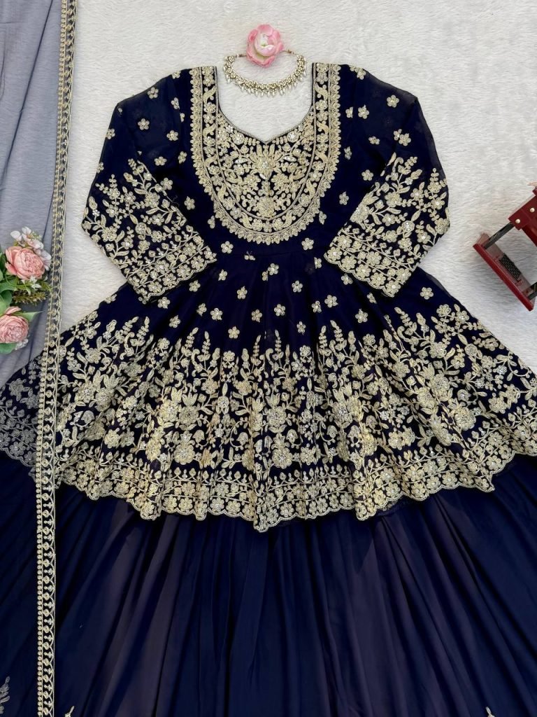 Black Faux Georgette Sequence Work Top with Lehenga and Butterfly Net Dupatta Set