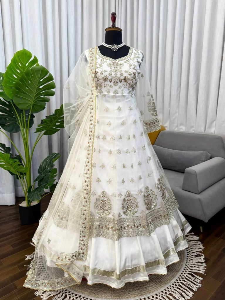 Designer Off White Gown With Lehenga Set
