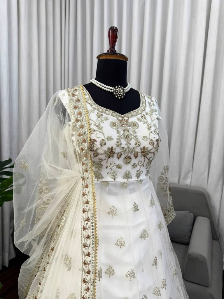 Designer Off White Gown With Lehenga Set