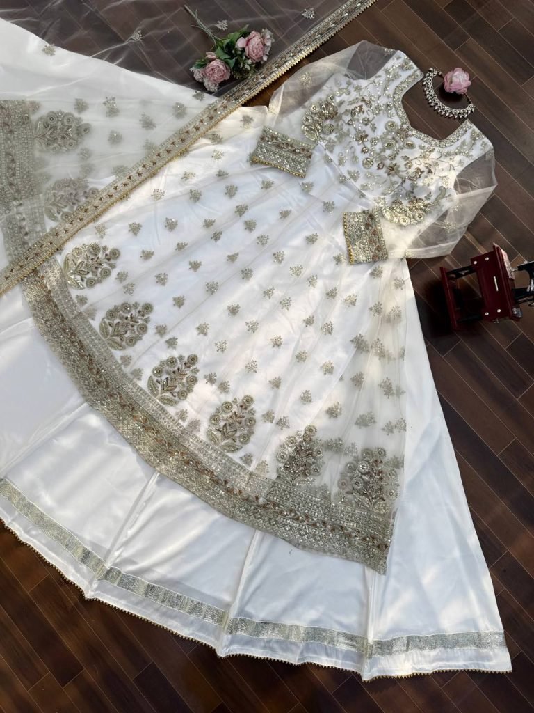 Designer Off White Gown With Lehenga Set