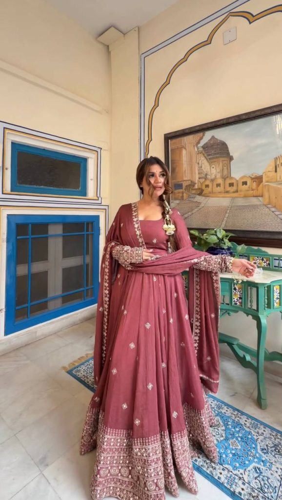 Rose Gold Designer Gown with Pant Set