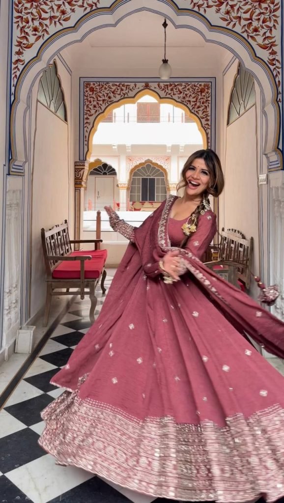Rose Gold Designer Gown with Pant Set