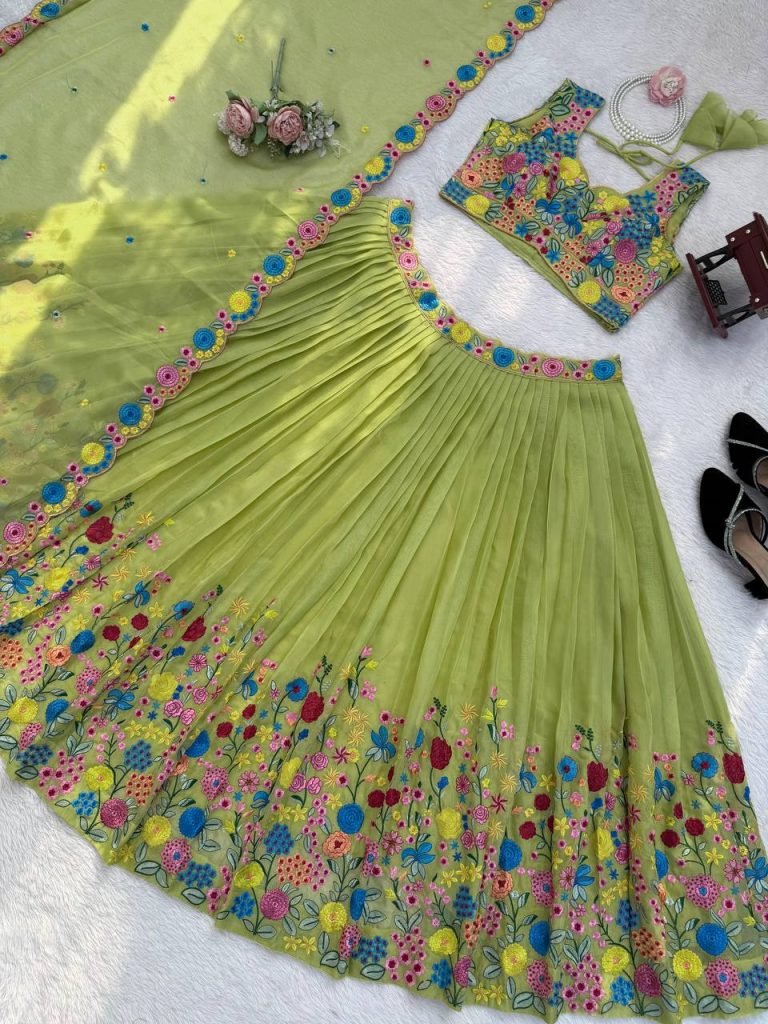 Multicolor Green Embroidery Lehenga Choli Set