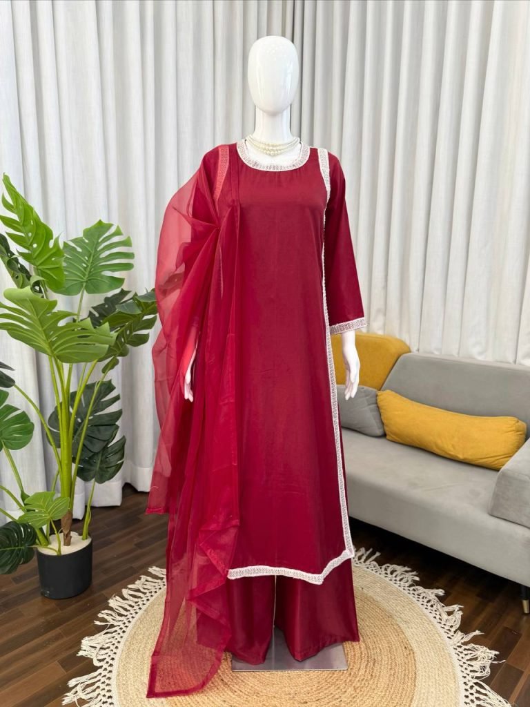 Maroon With Silver Embellished Borders Anarkali Gown Set