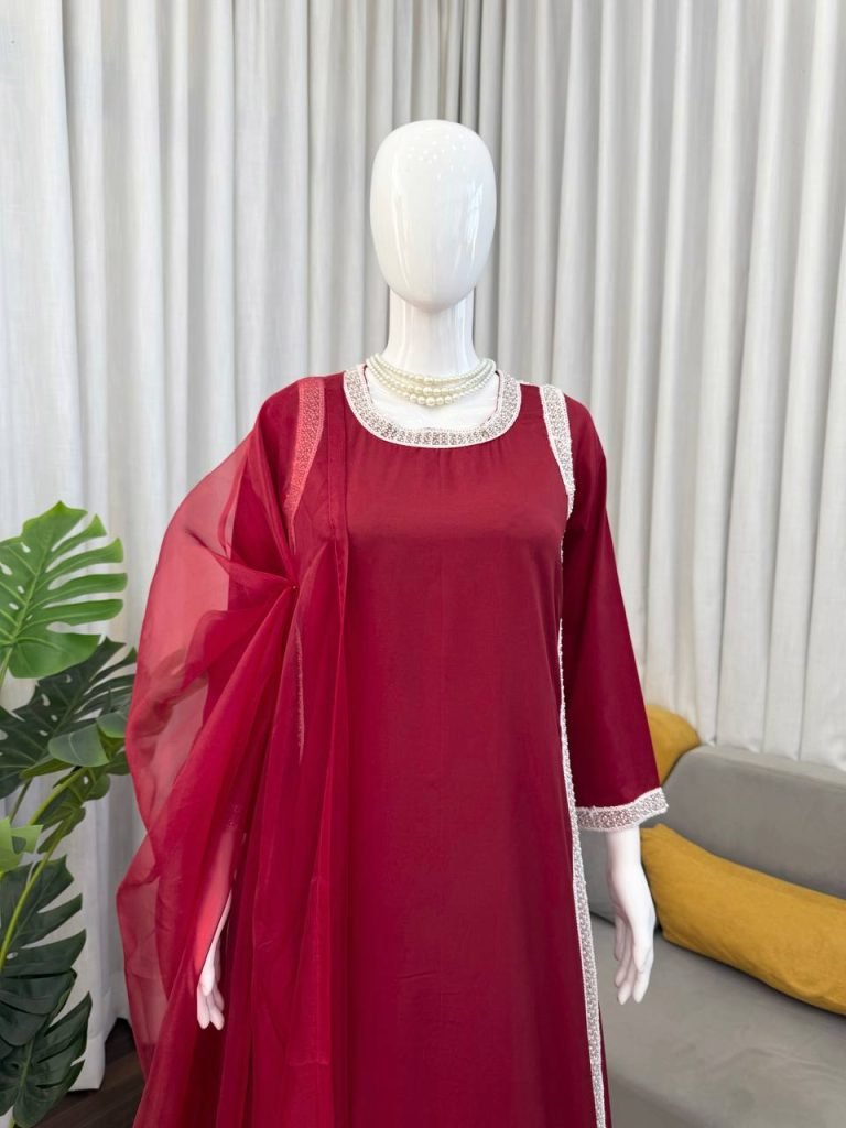 Maroon With Silver Embellished Borders Anarkali Gown Set