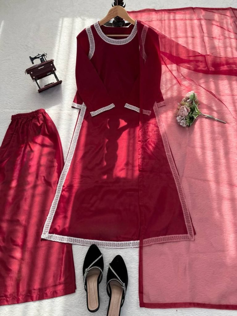 Maroon With Silver Embellished Borders Anarkali Gown Set