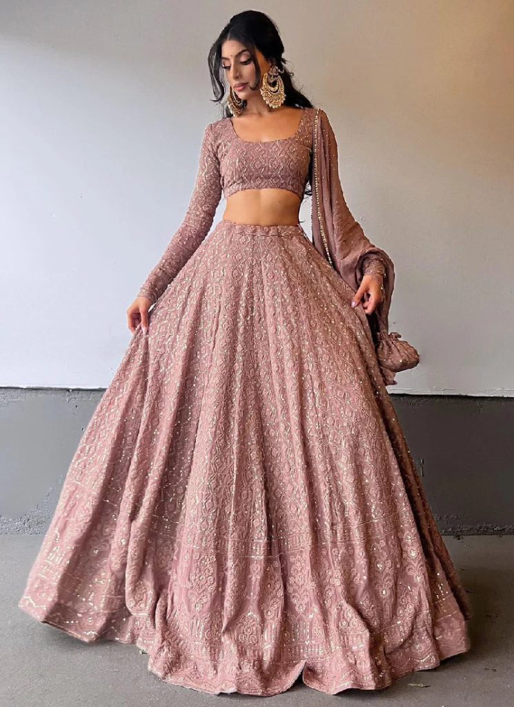 Georgette Lucknowi Sequence Work Brown Lehenga Choli