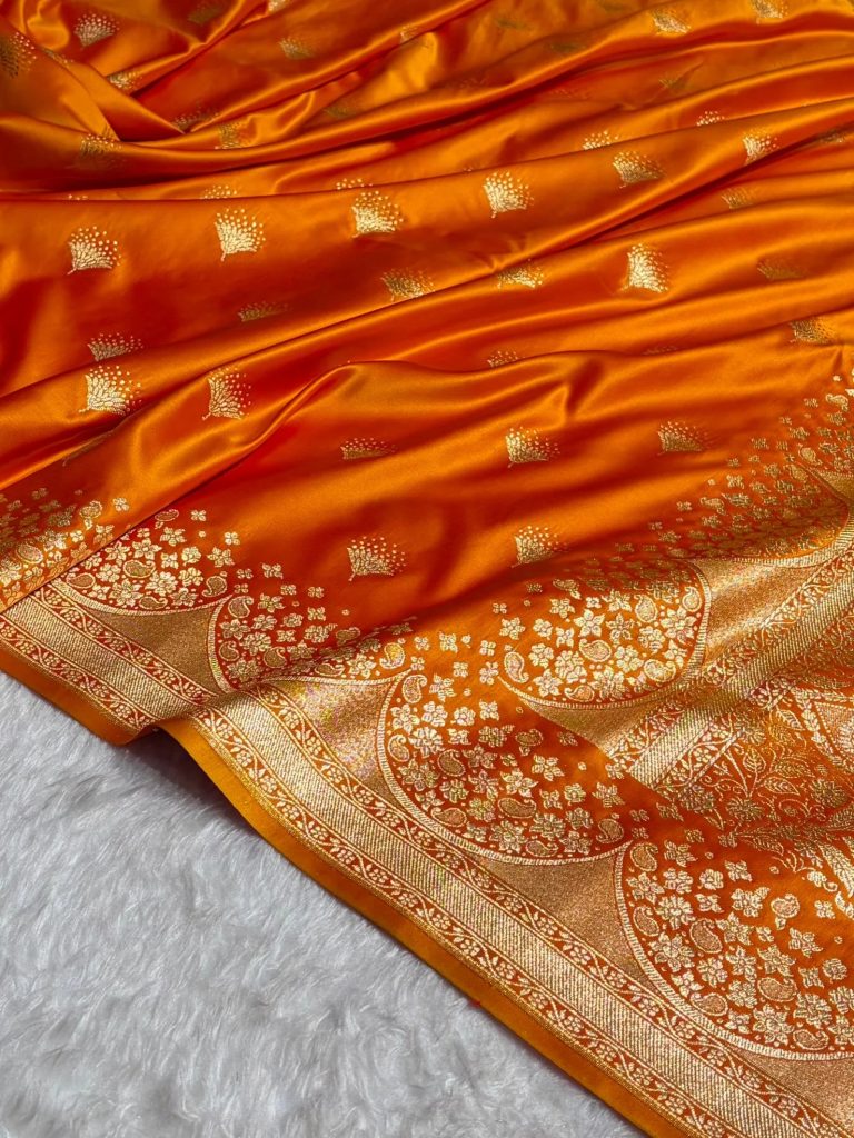 Banarasi Satin Silk Saree in Fire Gold Shade with Elegant Booti Work