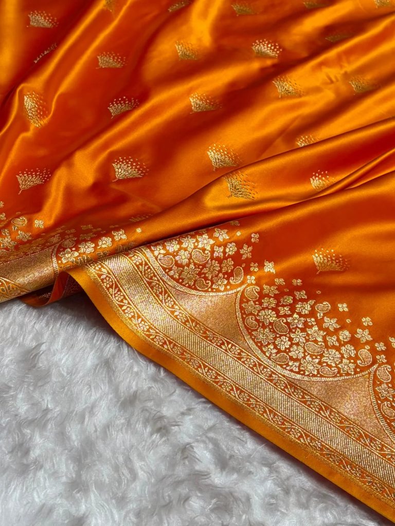 Banarasi Satin Silk Saree in Fire Gold Shade with Elegant Booti Work