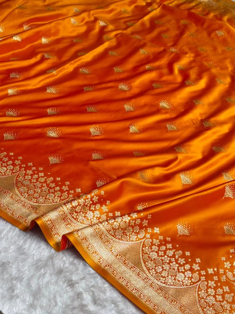 Banarasi Satin Silk Saree in Fire Gold Shade with Elegant Booti Work
