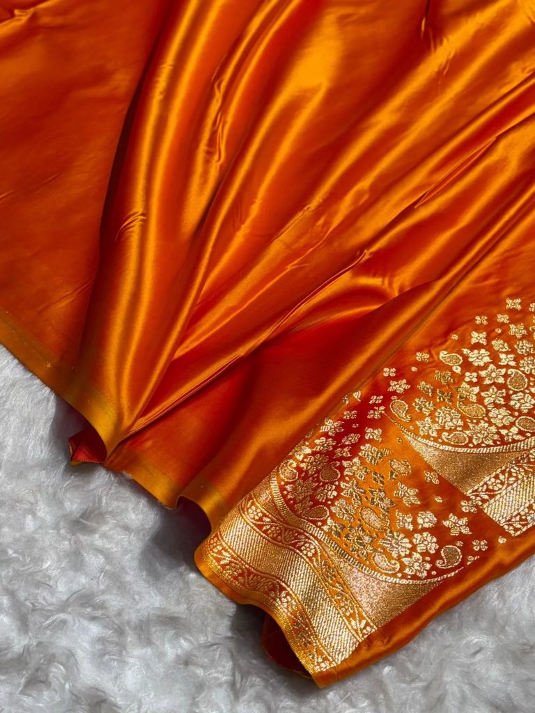Banarasi Satin Silk Saree in Fire Gold Shade with Elegant Booti Work