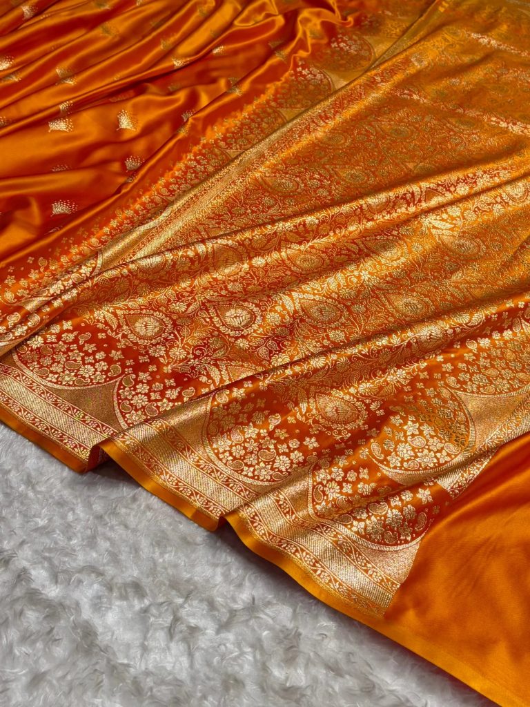 Banarasi Satin Silk Saree in Fire Gold Shade with Elegant Booti Work