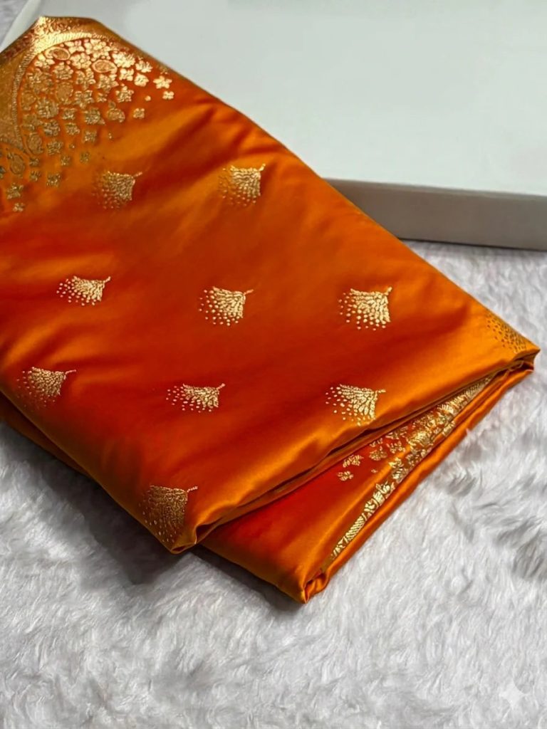 Banarasi Satin Silk Saree in Fire Gold Shade with Elegant Booti Work