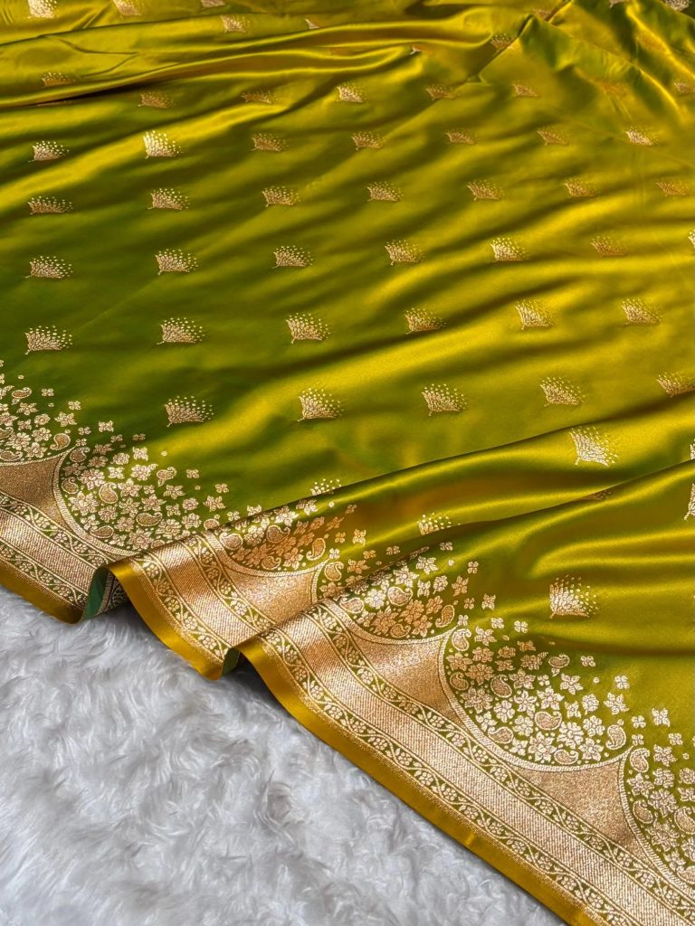 Banarasi Satin Silk Saree in Fire Gold Shade with Elegant Booti Work