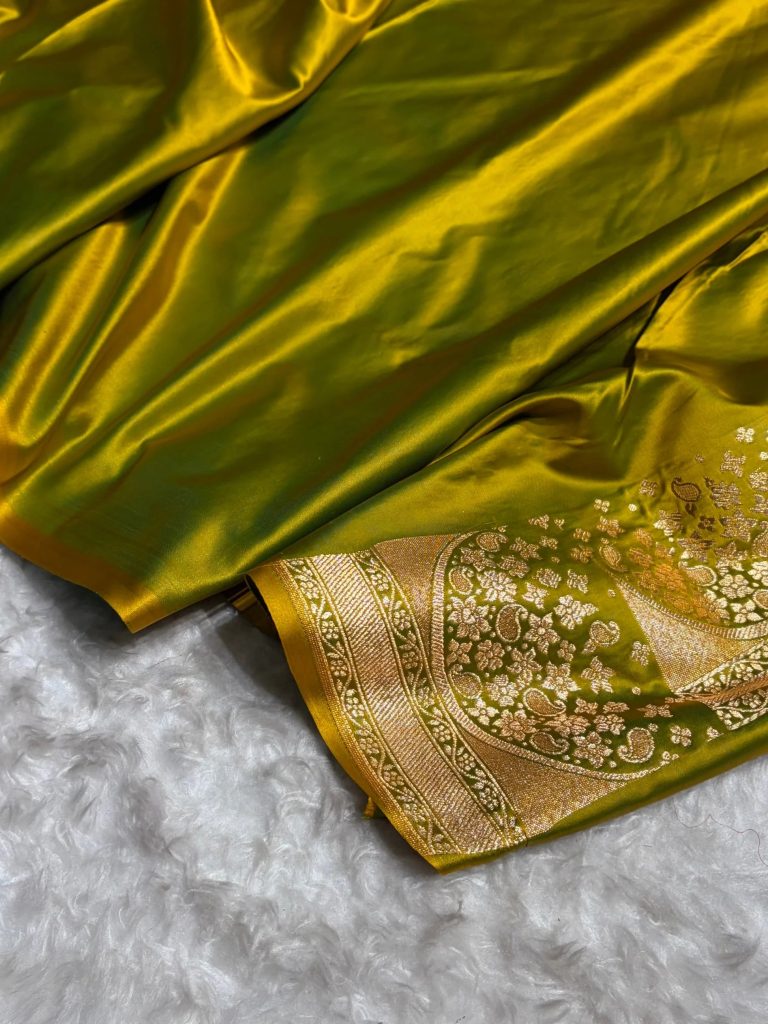 Banarasi Satin Silk Saree in Fire Gold Shade with Elegant Booti Work