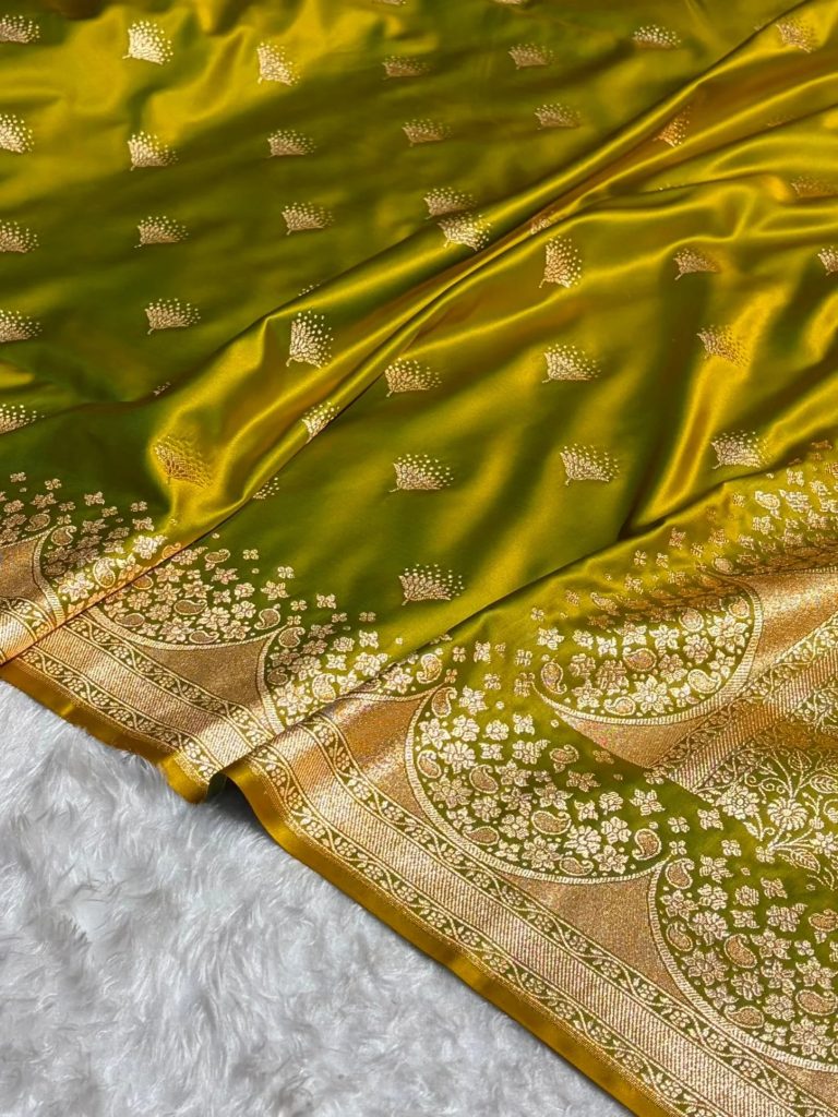 Banarasi Satin Silk Saree in Fire Gold Shade with Elegant Booti Work