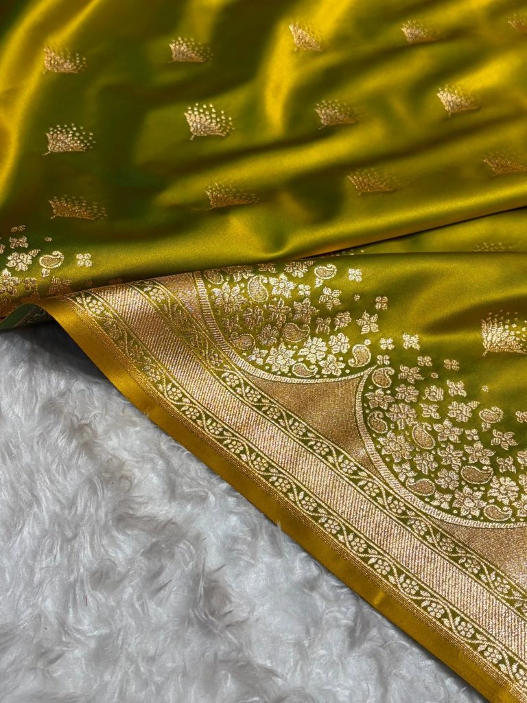 Banarasi Satin Silk Saree in Fire Gold Shade with Elegant Booti Work