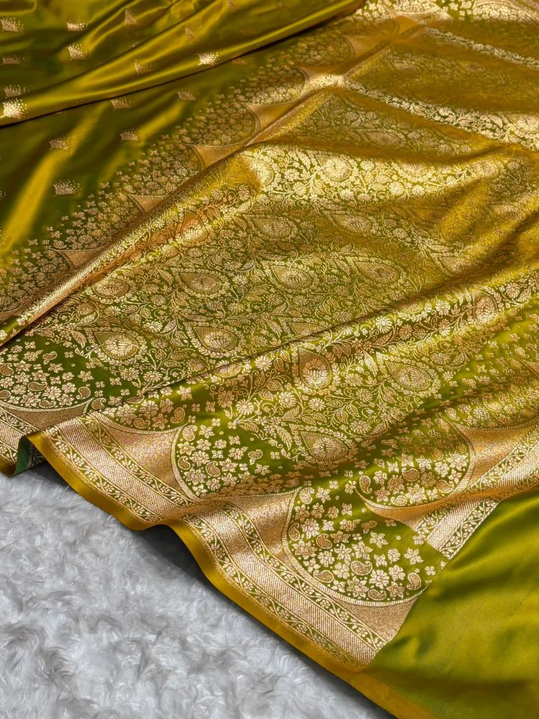 Banarasi Satin Silk Saree in Fire Gold Shade with Elegant Booti Work