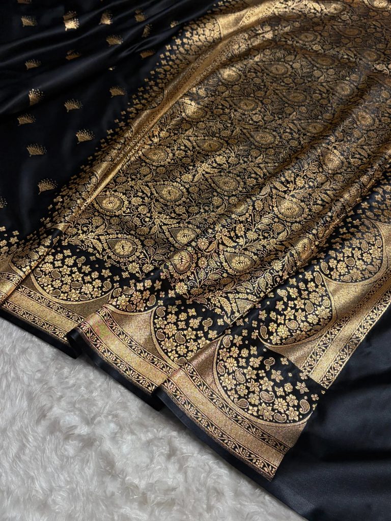 Banarasi Satin Silk Saree in Fire Gold Shade with Elegant Booti Work