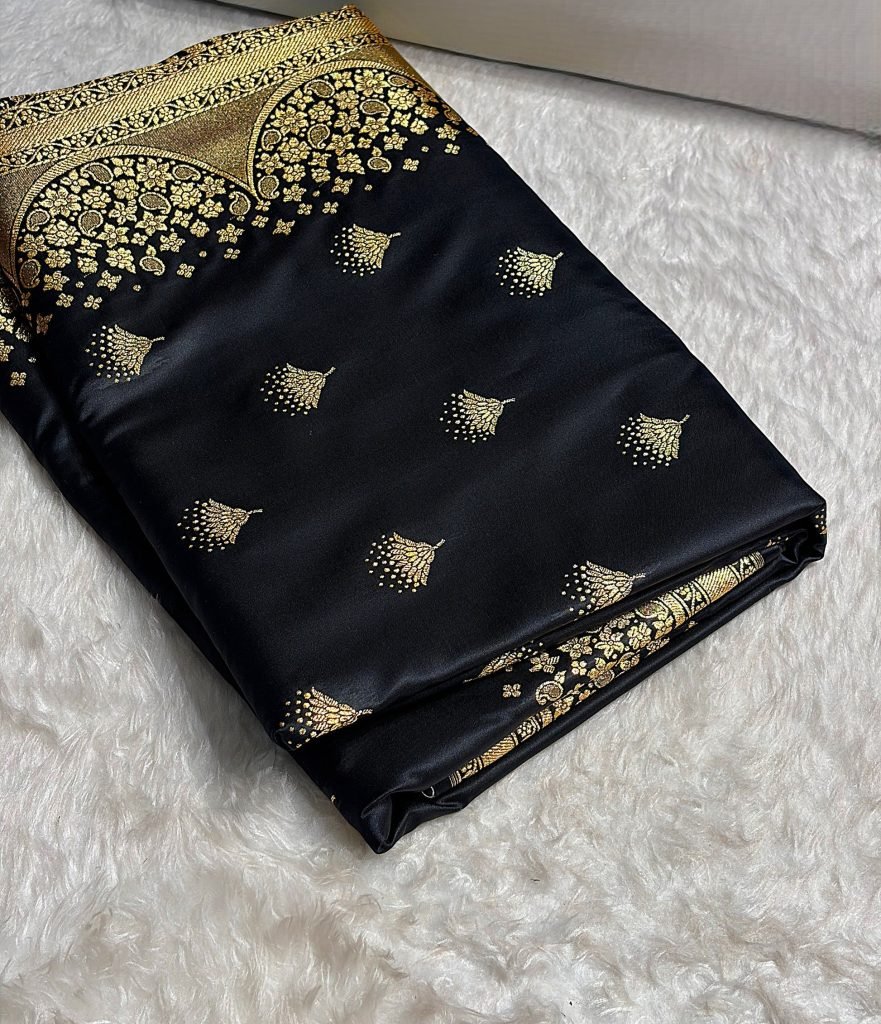 Banarasi Satin Silk Saree in Fire Gold Shade with Elegant Booti Work