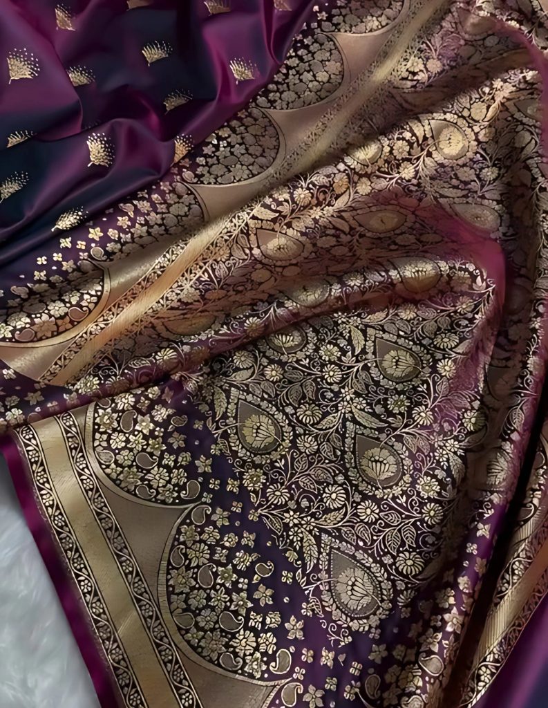 Banarasi Satin Silk Saree in Fire Gold Shade with Elegant Booti Work