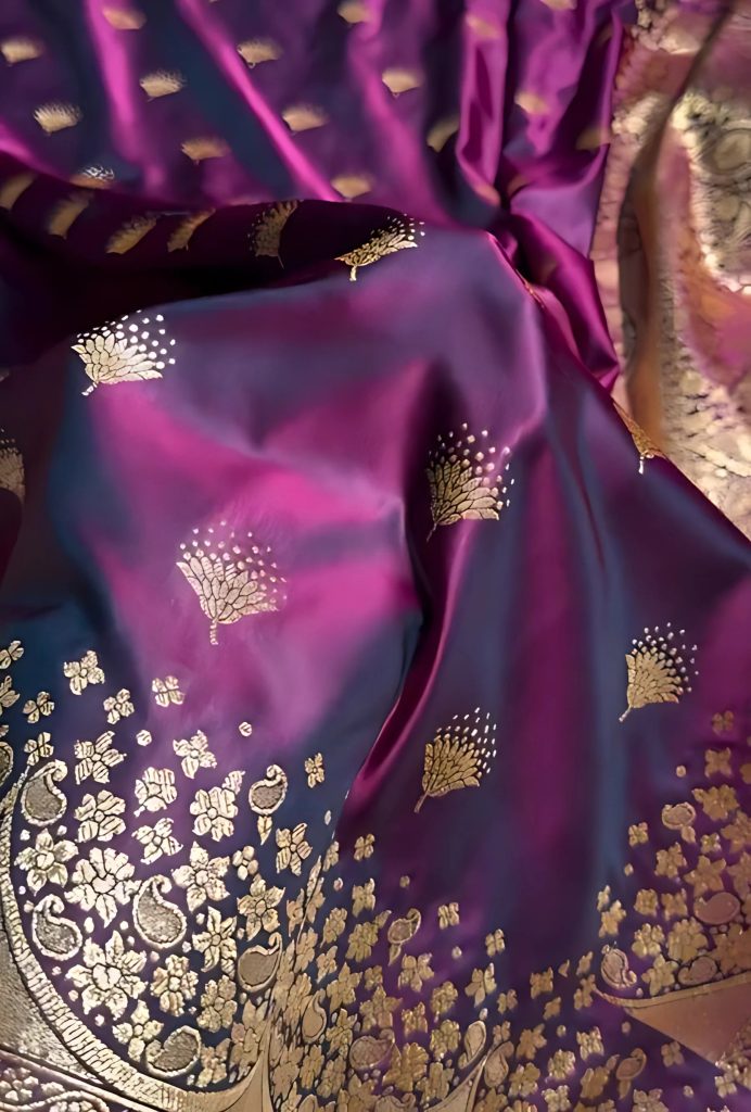 Banarasi Satin Silk Saree in Fire Gold Shade with Elegant Booti Work