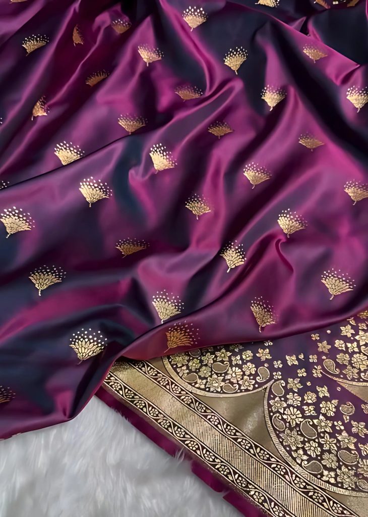 Banarasi Satin Silk Saree in Fire Gold Shade with Elegant Booti Work