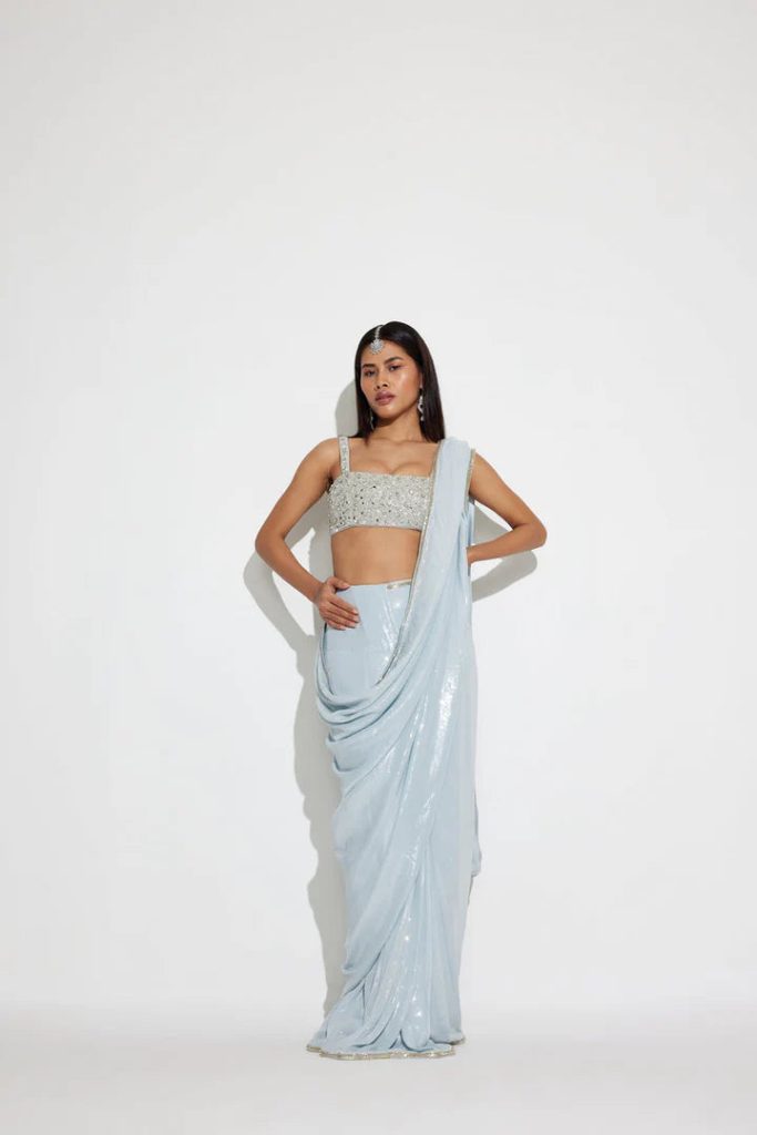 Icy Blue Ready To Wear Sequin Saree for Party & Reception
