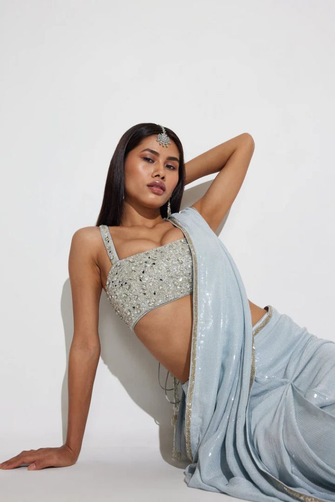 Icy Blue Ready To Wear Sequin Saree for Party & Reception