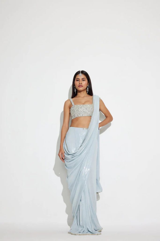 Icy Blue Ready To Wear Sequin Saree for Party & Reception