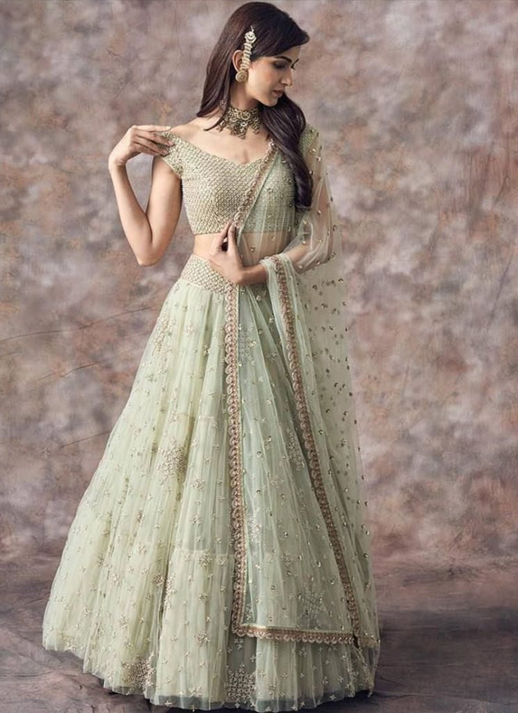 Wedding Pista Green Embroidery Net Lehenga Choli
