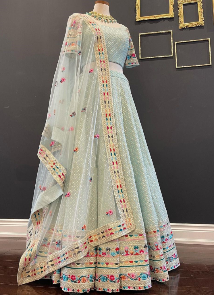 Multi Thread Embroidery Work Sky Blue chaniya choli
