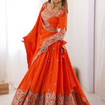 Silk Sequence Embroidery Work Orange Lehenga Choli With Dupatta