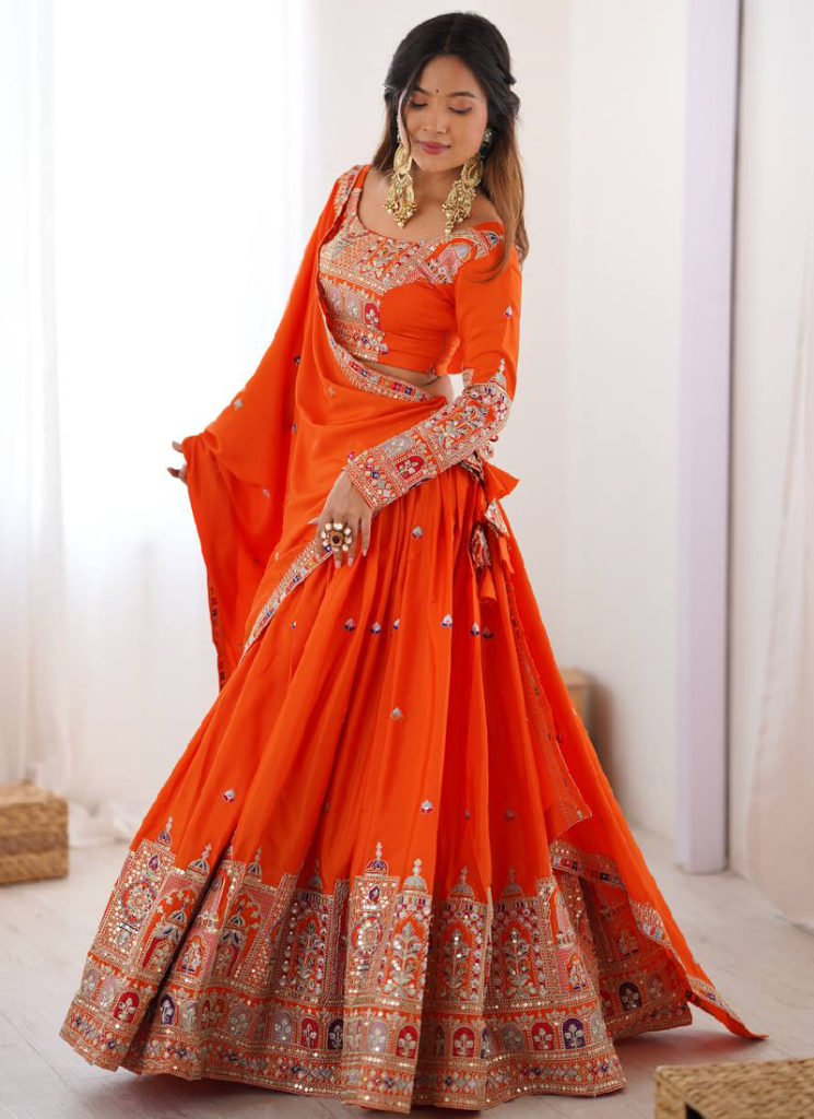 Silk Sequence Embroidery Work Orange Lehenga Choli With Dupatta