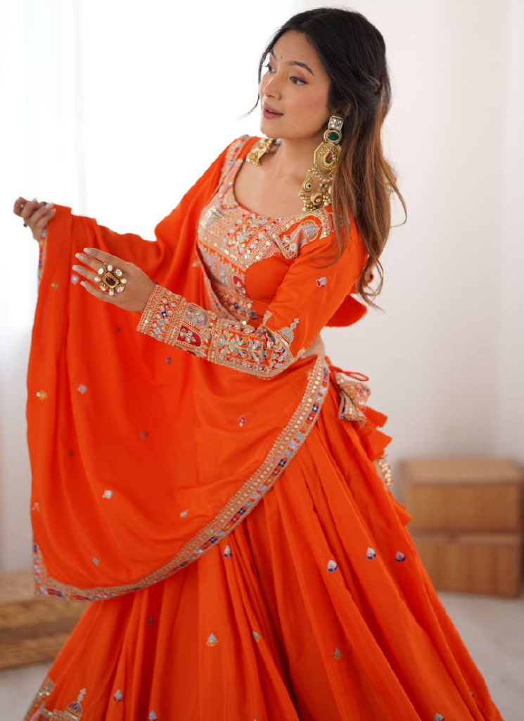 Silk Sequence Embroidery Work Orange Lehenga Choli With Dupatta