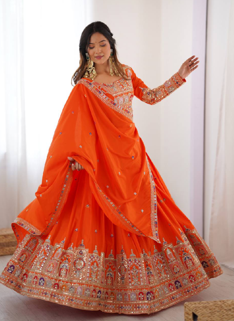 Silk Sequence Embroidery Work Orange Lehenga Choli With Dupatta