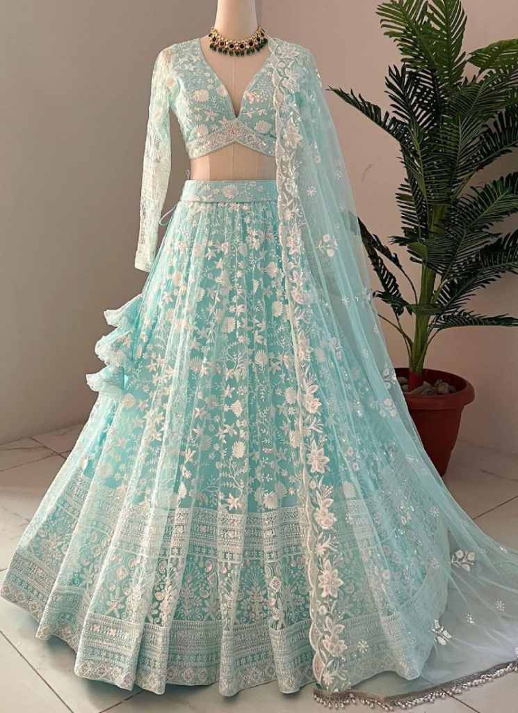 Thread Embroidered Sky Blue Net Lehenga Choli For Party
