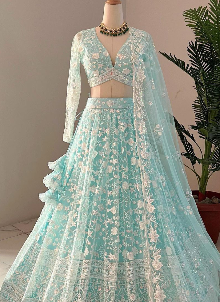 Thread Embroidered Sky Blue Net Lehenga Choli For Party