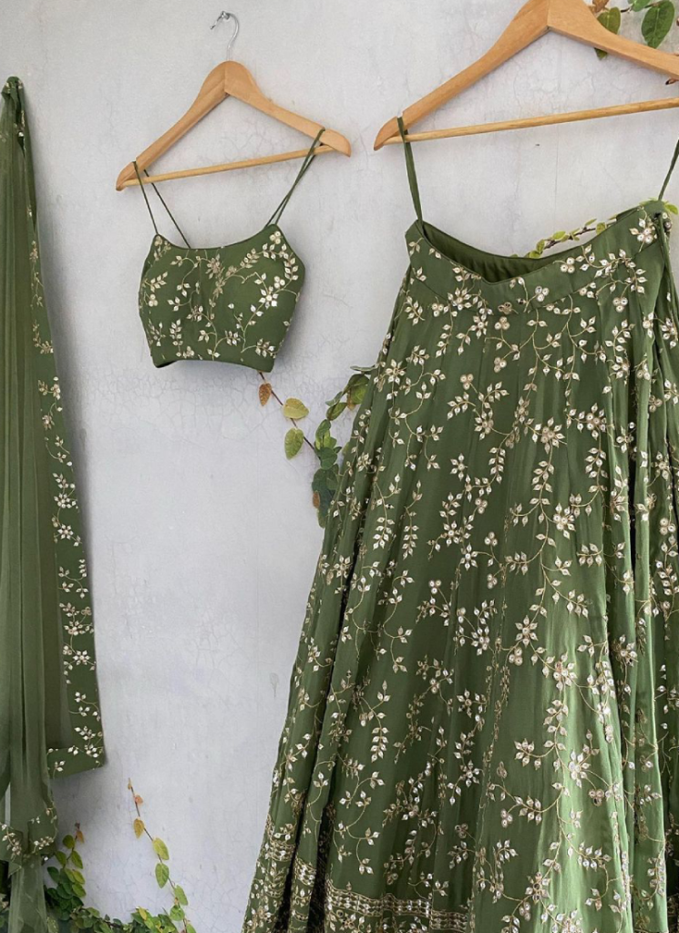 Green Zari Work Georgette Lehenga For Women