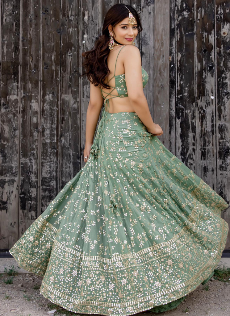 Green Zari Work Georgette Lehenga For Women