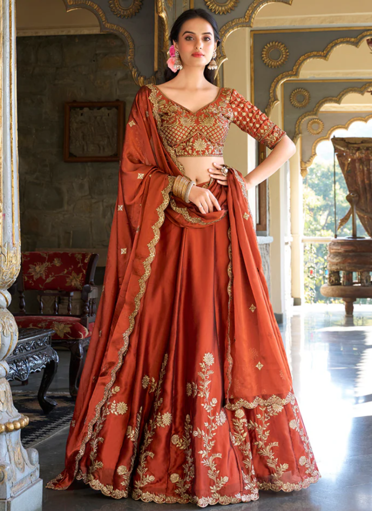 Orange Thread Embroidered Silk Lehenga Choli For Wedding