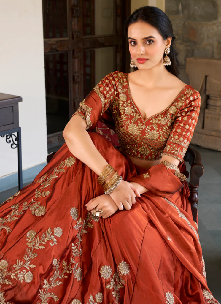 Orange Thread Embroidered Silk Lehenga Choli For Wedding