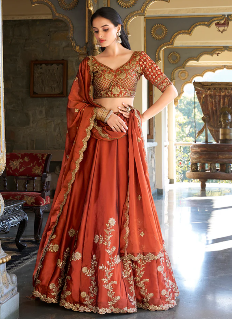 Orange Thread Embroidered Silk Lehenga Choli For Wedding