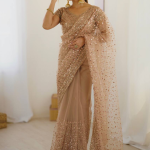 Sequence Embroidery Beige Party Wear Net Saree With Blouse