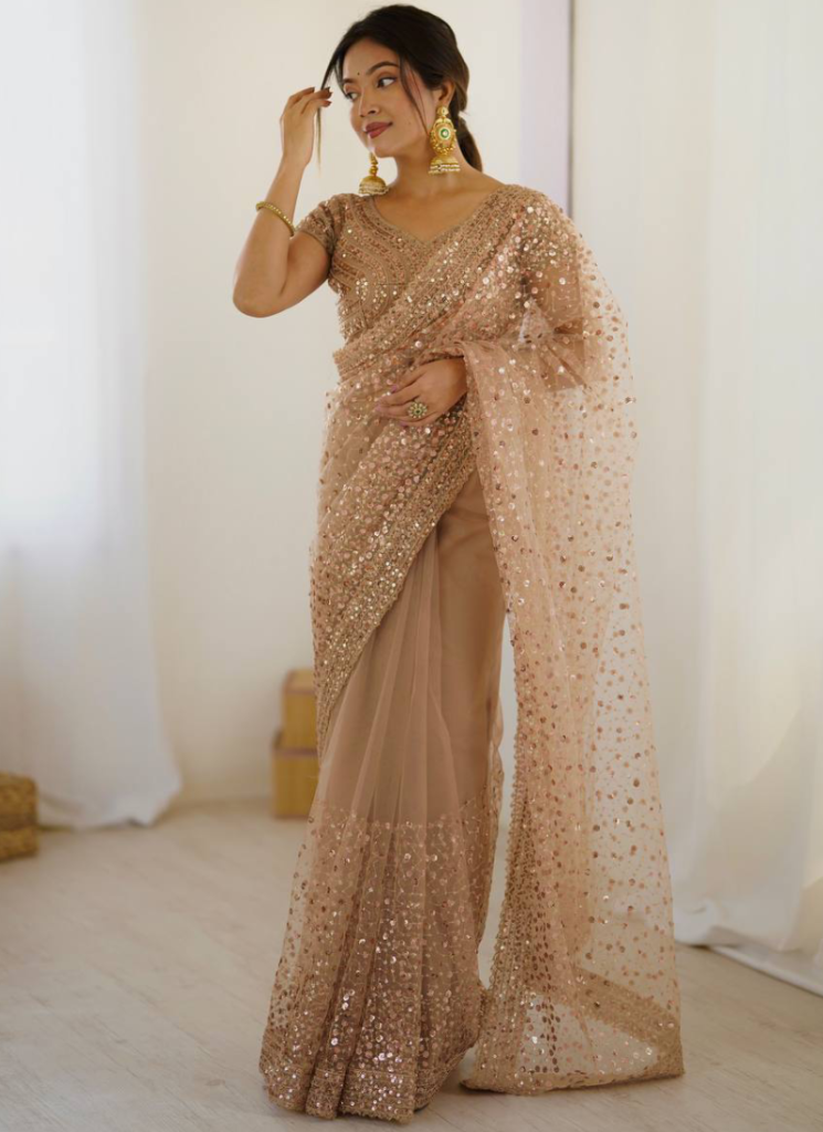Sequence Embroidery Beige Party Wear Net Saree With Blouse