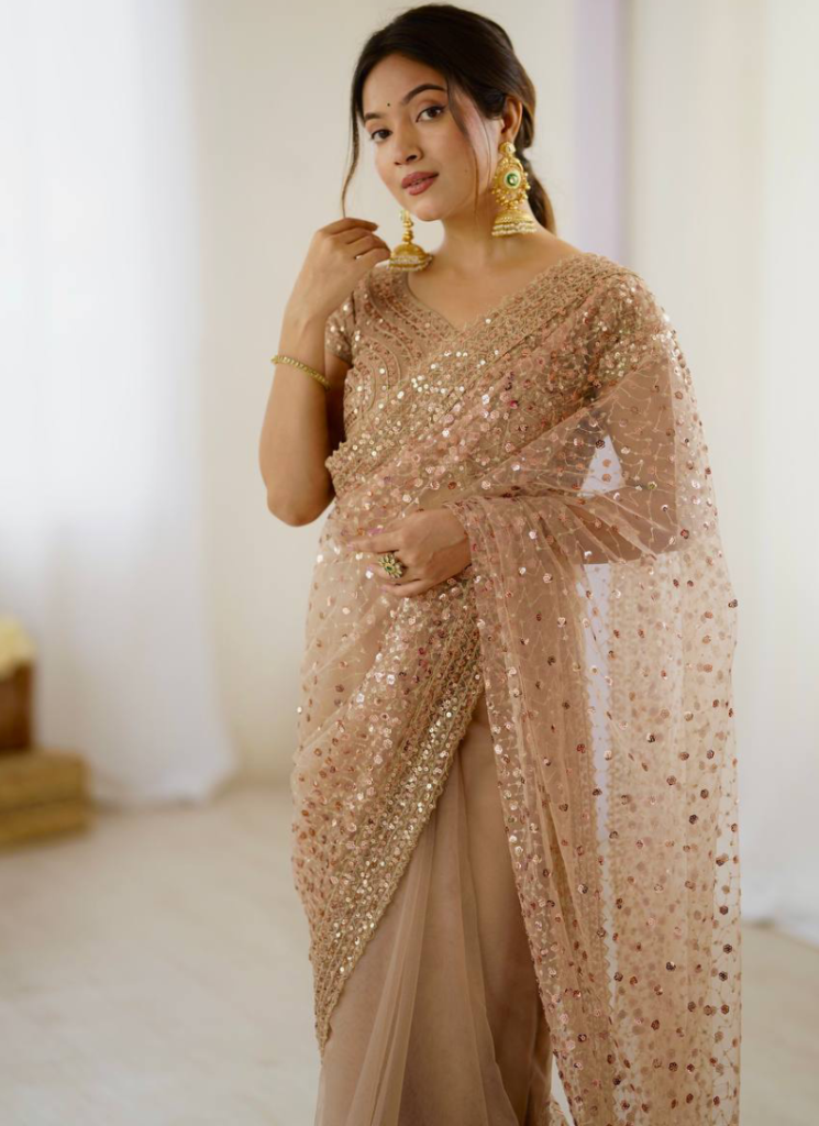 Sequence Embroidery Beige Party Wear Net Saree With Blouse