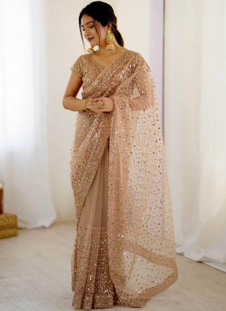 Sequence Embroidery Beige Party Wear Net Saree With Blouse