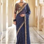 Navy Blue Ceremonial Embroidered Saree And Blouse