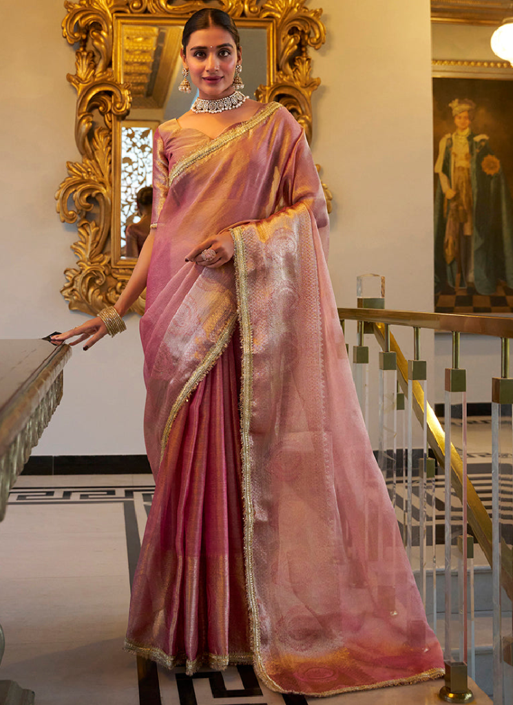 Wedding Wear Tissue Silk Zari Weaving Light Pink Saree